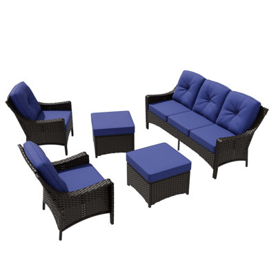 5-Piece Outdoor PE Brown Wicker Rattan Wide Armrest Sofa Seating Group Patio Conversation Set with Olefin Thick Cushions -  Red Barrel Studio®, E2B9E01DB60446F680D96BF927D5B99F