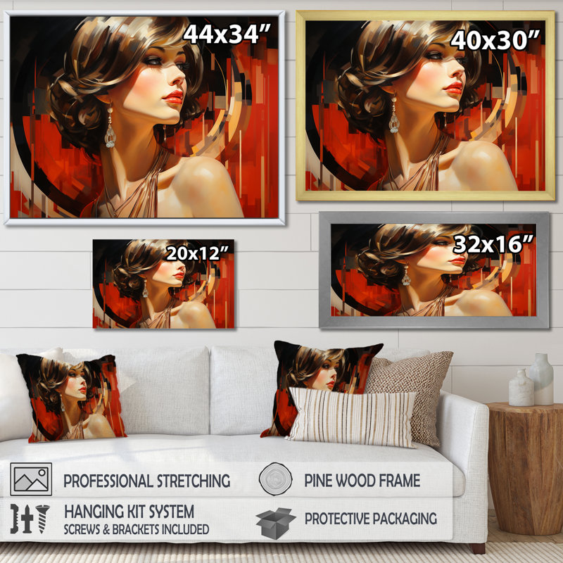 «Red Allure Glam Woman Portrait I», art sur toile, Cadre flottant noir, H 12 po x l 20 po x P 1 po