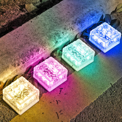 RGB Color Changing Thick Acrylic Solar Paver Lights Set of 4, IP65 Waterproof No Wiring Farmhouse Outdoor Path Lights
