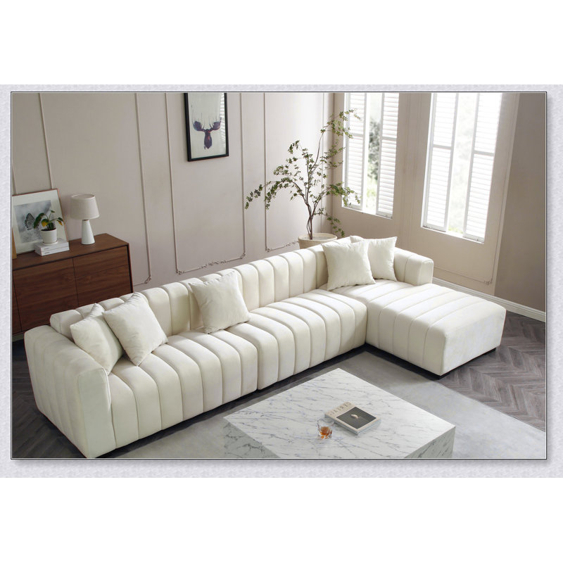 L-Shape Sectional Sofa With Deep Tufted Velvet Upholstered Right Chaise Modular Sofa