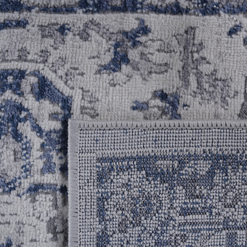 Tapis bleu / gris en polyester / polypropylène tressé à la machine Zachais, Tapis de couloir 2 pi 2 po x 8 pi