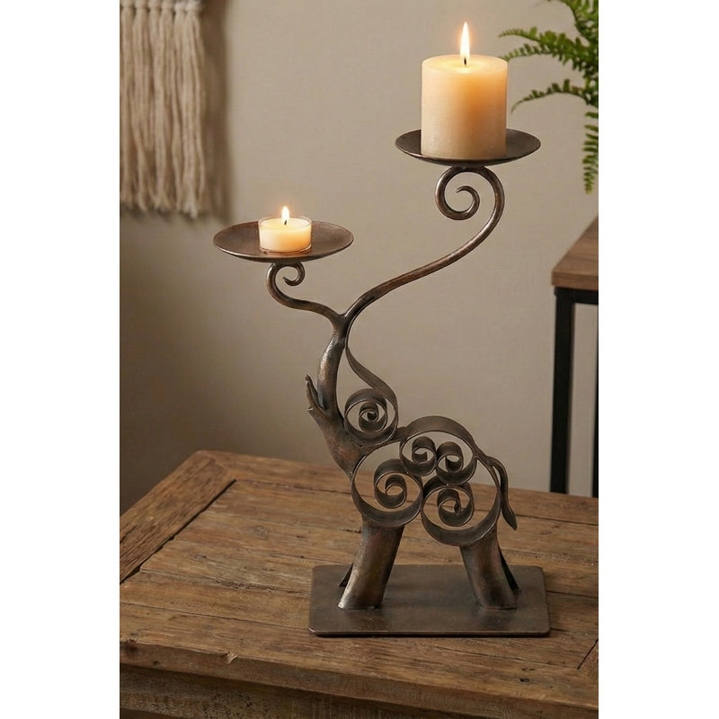 Porte-bougie éléphant en bois sculpté à la main 12 po | Support de pilier artisanal et centre de table indien