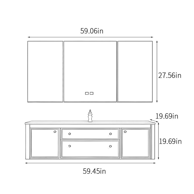 Armoire de salle de bain de style américain rétro., H 19,69 po x l 59,45 po x P 19,69 po
