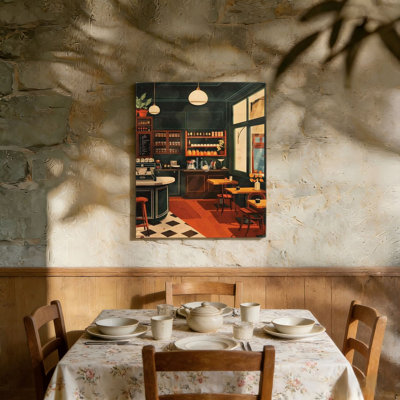 Green Vintage Coffee Shop Canvas,Built-in Back Wood Frame Wall Art 36" x 24" Home Accent Decor