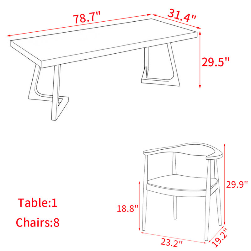Modern simple solid wood dining table set., 29.5"H x 78.7"L x 31.4"W