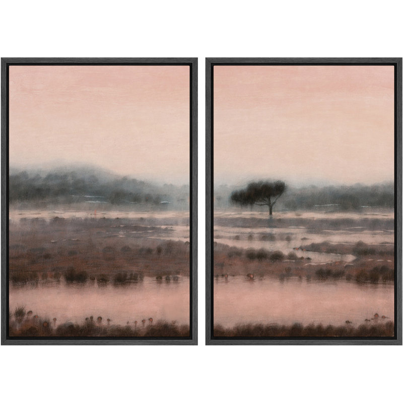 «Misty Wetland Landscape with Lone Tree», reproduction d'art sur toile encadrée pour chambre principale, 2 pièces, Noir
