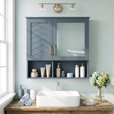 Armoire à pharmacie murale 30 po 2 en 1 en panneau de fibres à densité moyenne bleu et bois massif, miroir, tablettes réglables, porte à fermeture douce