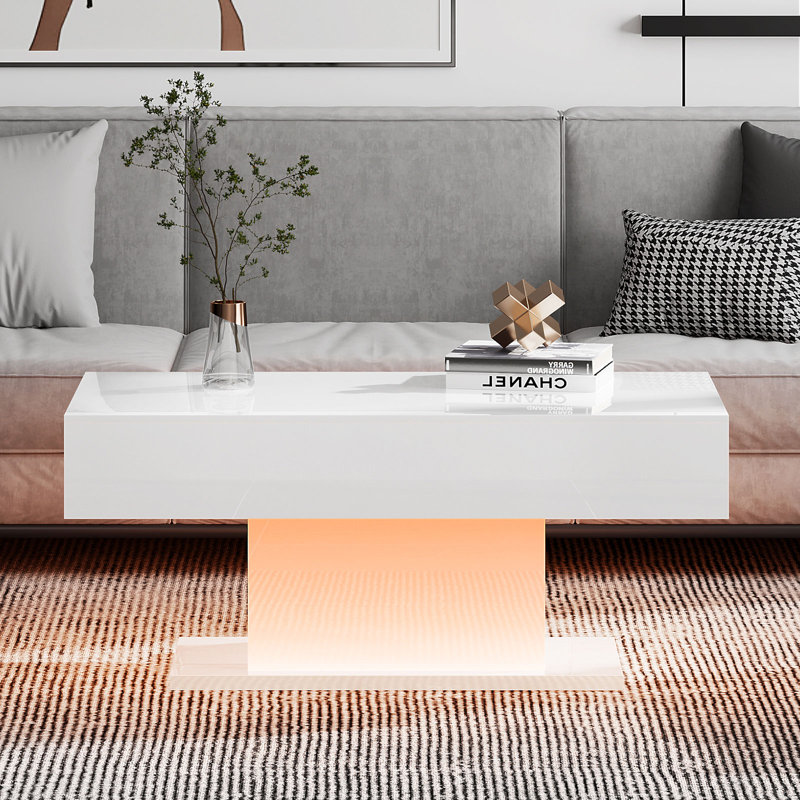 Horacio High Gloss Coffee Table With 16 Colors LED Lights,19.7'' H X 43.3'' W X 21.7'' D, White