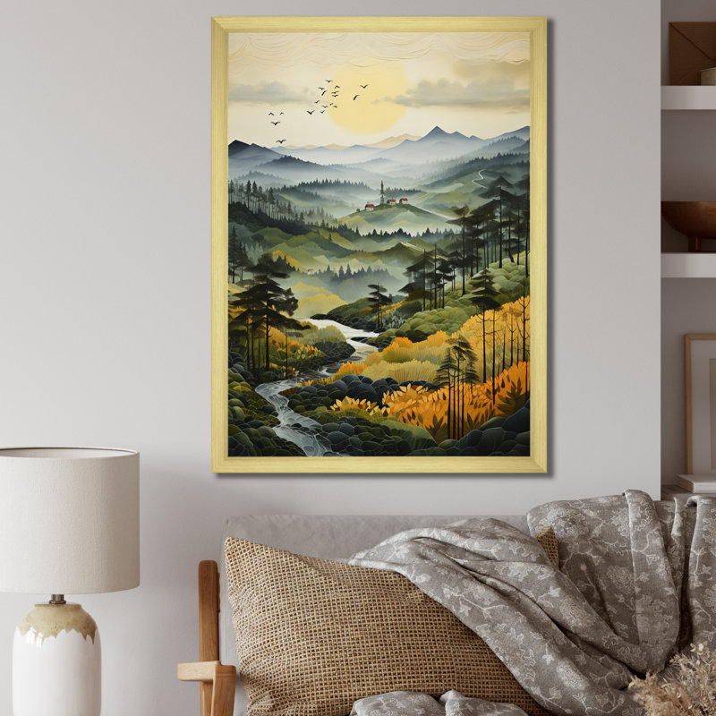 «Balom Countryside Misty Morning Patchwork I», reproduction, H 32 po x l 16 po x P 1 po, Encadrement doré