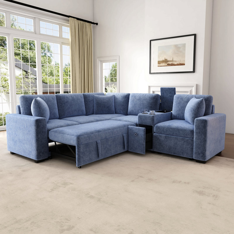 120.5" L-Shaped Convertible Sofa Bed Modular Sectional Sofa Reversible Sleeper With Pull-Out Bed, Cup Holders, And Ample Storage Space For Living Room