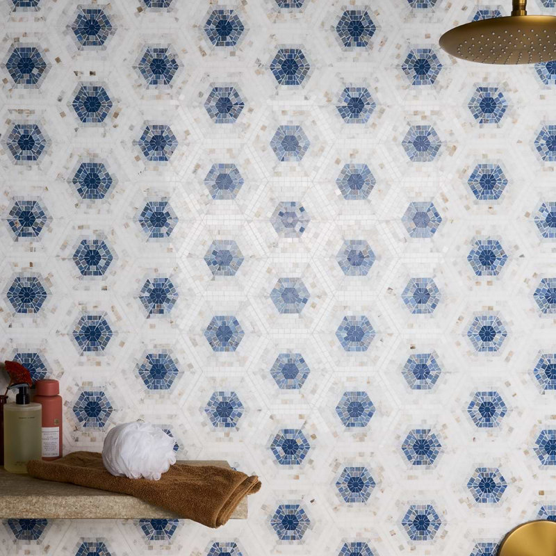 Ako 6" Hexagon Marble Micro Mosaic Tile, Azul Blue