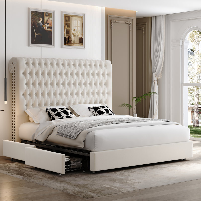 3-Piece Bedroom Sets, Tufted Velvet Headboard Tall Bed, Beige, Queen