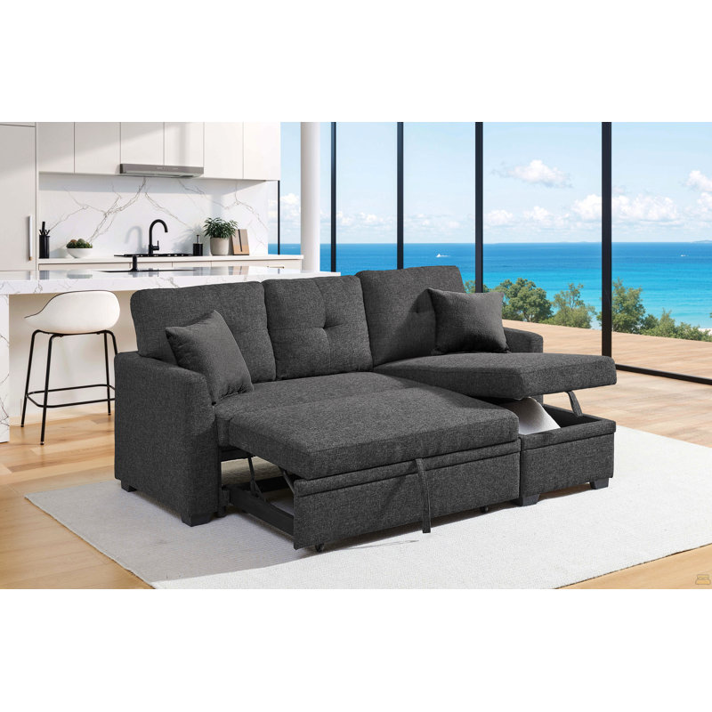 Canapé modulaire 76,5 po en mélange de lin avec lit escamotable et rangement pour chaise longue, Lin noir anthracite