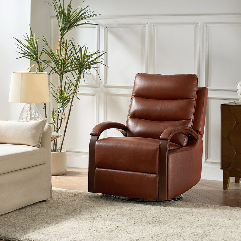 Azilda 29" Wide Genuine Leather Manual Swivel Rocking Standard Recliner, Brown Pebbled Top Grain Leather