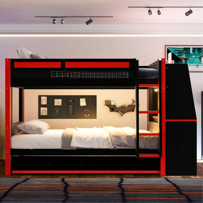 Full size Multifunctional Bunk Bed with LED light,Desk and Bookshelves, Drawers, Red+Black
