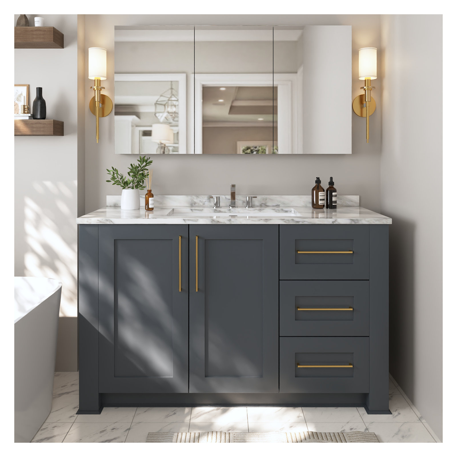 48'' W x 26'' H Surface Mount Frameless 3 Door Medicine Cabinet and 2 Adjustable Shelves