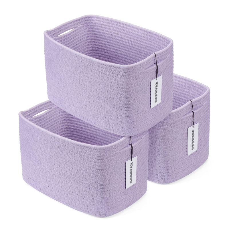  3-Piece Cotton Rope Storage Basket Set, Rectangular Woven Shelf Bins with Handles, Purple