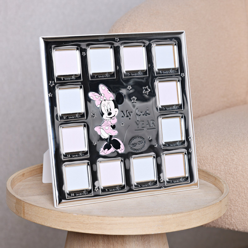 Disney Minnie Mouse 12 Month Multi Aperture Silver Plate Frame With White Wooden Back