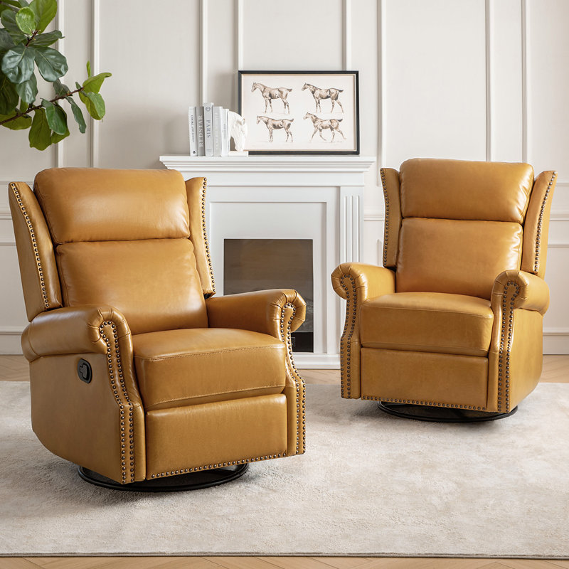 Fauteuil inclinable et oscillant pivotant en cuir fleur 33,5 po Hayliee, Chameau