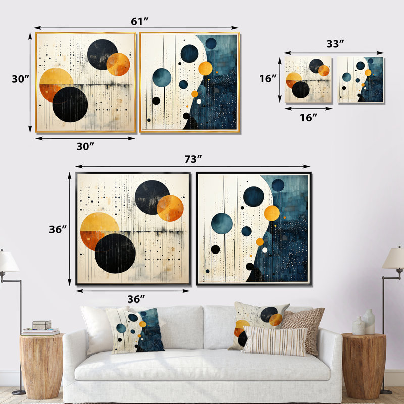 Ensemble de 2 collages carrés sarcelle orange Mid Century Minimalist Oasis, Cadre flottant noir, H 16 po x l 33 po