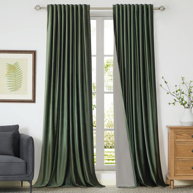 120" Long Green Velvet Blackout Curtain Panels, Set of 2