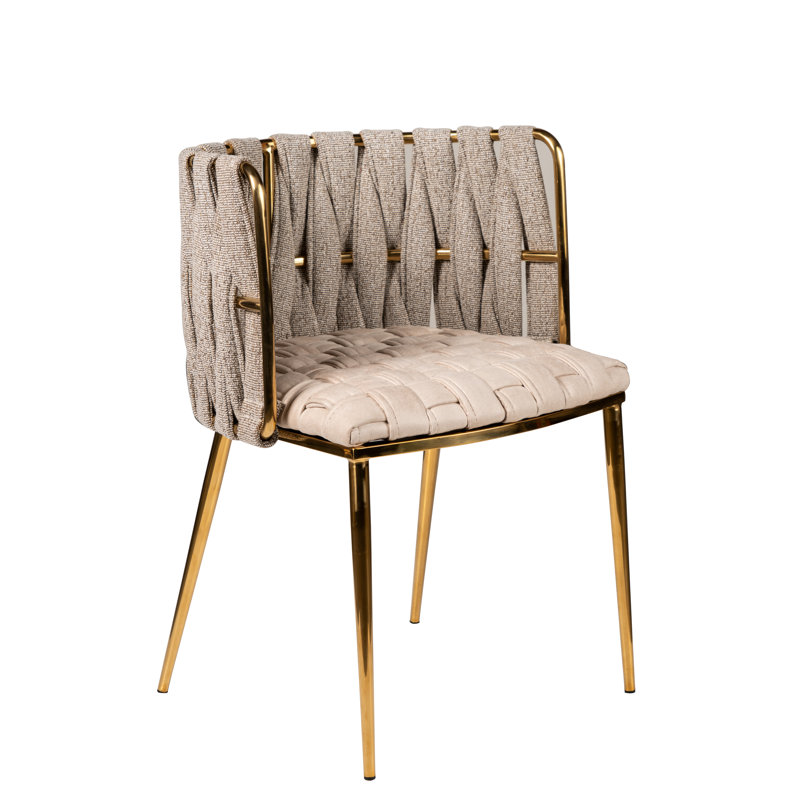 Tyrone Woven Strap Dining Arm Chair Set with Weave Design and Sleek Metal Frame, Off White Faux Leather, Gold