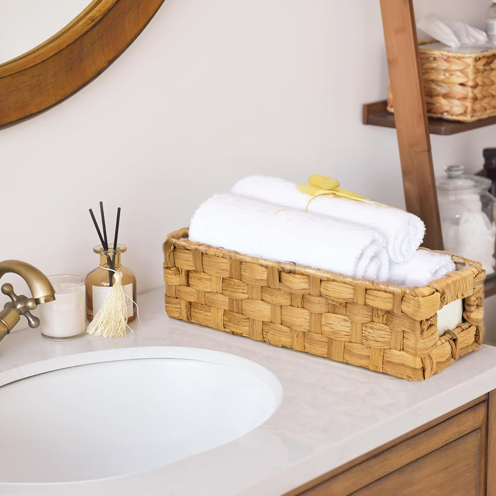 Onhomes Enna Toilet Paper Basket, Water Hyacinth Bathroom Baskets Built-in Handles, Wicker Basket for Back of Toilet Tank, Toilet Tank Basket, Basket for Bathroom, Toilet Basket, Natural, Set 2