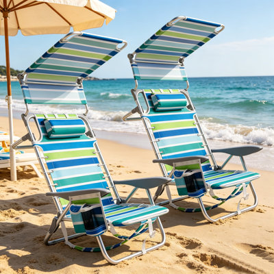 Chaise de plage à 4 positions avec auvent réglable pour parasol, chaise pliante inclinable à plat avec coussin, pochette de rangement pour la plage, le camping et l'extérieur