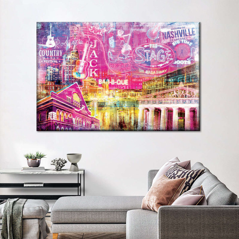 Nashville Buildings Grunge sur toile, H 30 po x l 45 po x P 1,25 po
