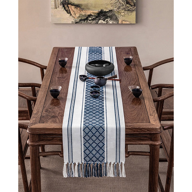 Yellow Diamond Stitched & Tasseled Cotton Blend 14"X71" Table Runner, 102" L x 14" W, Blue