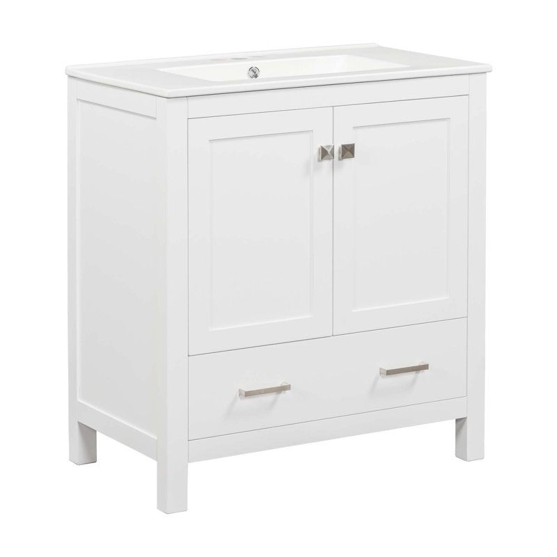 Meuble-lavabo avec lavabo simple, 2 portes à fermeture douce et 1 tiroir, Blanc, Nickel brossé