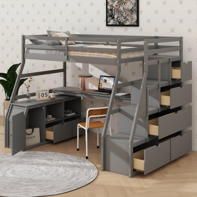 Lit mezzanine simple avec bureau intégré, lit en bois avec tablettes et tiroirs