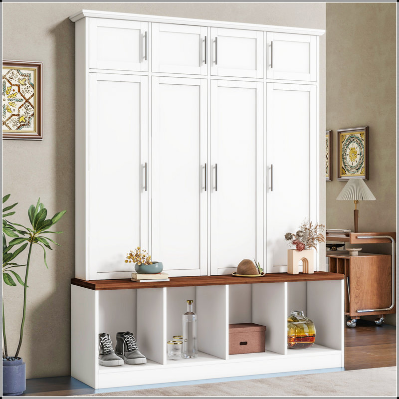 Multi-Functional Hall Tree with 4 Hidden Hanging Hooks, Wood Grain Bench, White