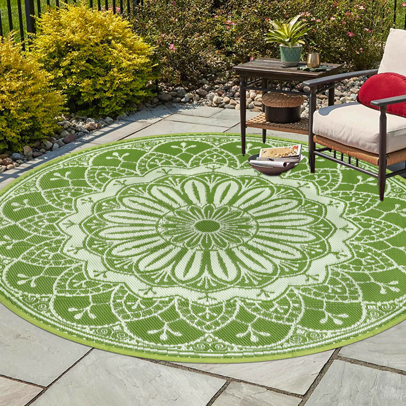 Tapis d'extérieur rond et réversible imperméable 9 pi avec sacs de transport Tapis de paille en plastique léger Tapis de camping pour véhicule récréatif