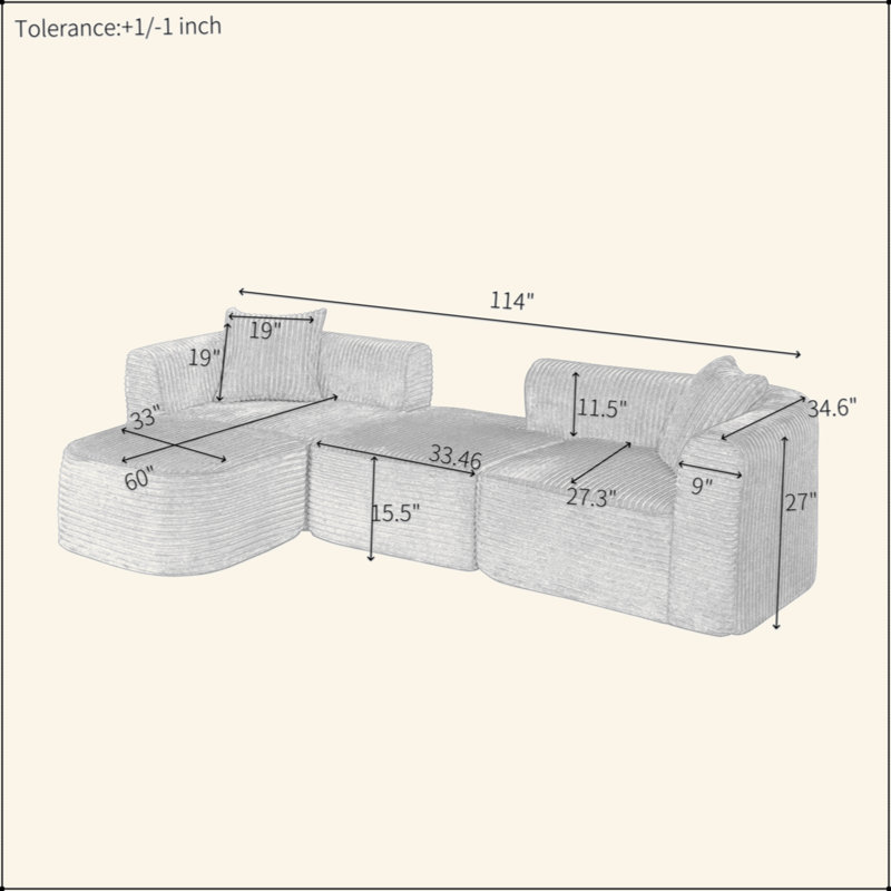 Canapé modulaire de 114 po avec méridienne en forme de L, canapé modulaire avec repose-pieds mobile 114 po, canapé rembourré pour la chambre à coucher du salon, aucun assemblage requis