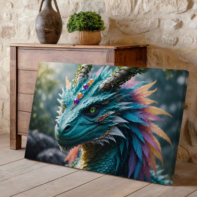Toile «Un majestueux dragon» avec des écailles turquoise vives et une plume complexe, art mural texturé orné d'un plumage coloré