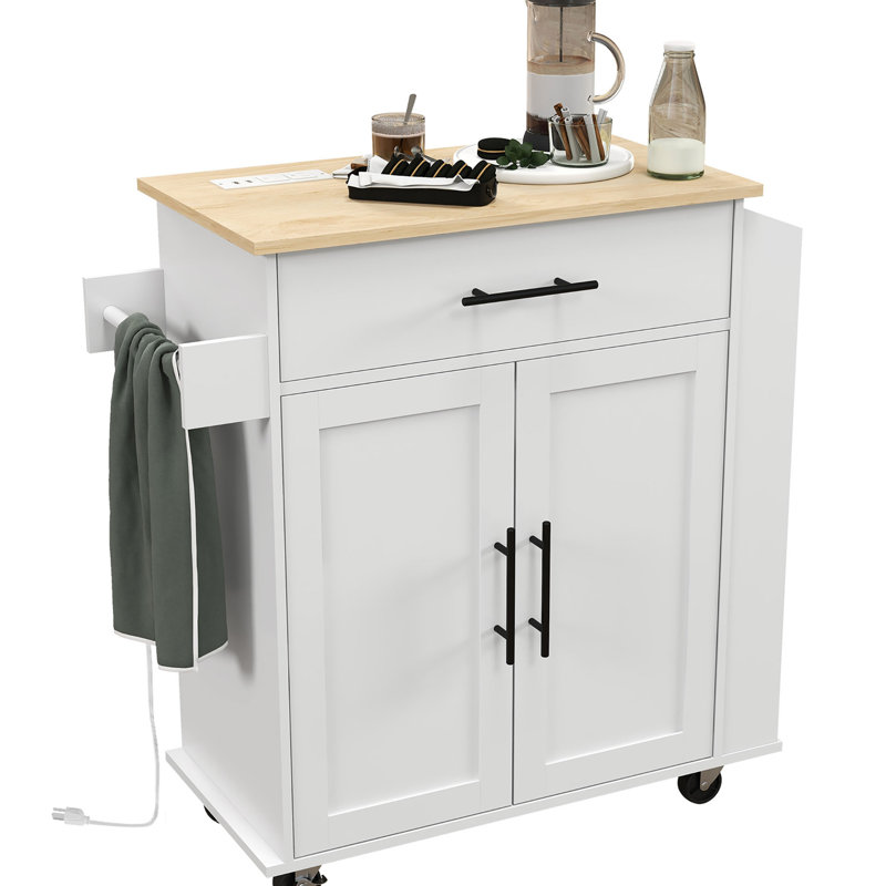 Kitchen Island With Electrical Connections And Valuable Storage Options - White, Drawer, Cabinet Adjustable Shelf, Towel Rack, Spice Rolling Cart Ac Outlets & Ports Cabinet, Stable Mobility