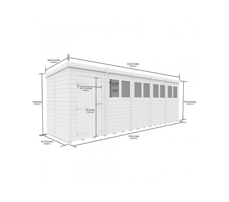 Total Sheds 20ft x 5ft Pent Garden Shed - Single Door - With Windows - Pressure Treated Timber - UK Manufactured