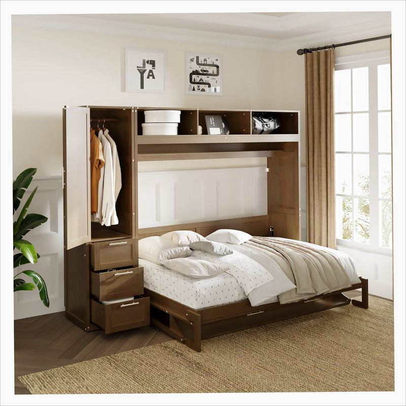 Lit escamotable double avec garde-robe, tiroirs et tablettes ouvertes
