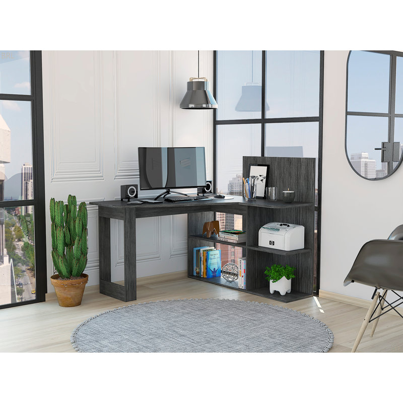 4-Shelf L-Shaped Computer Desk Smokey Oak