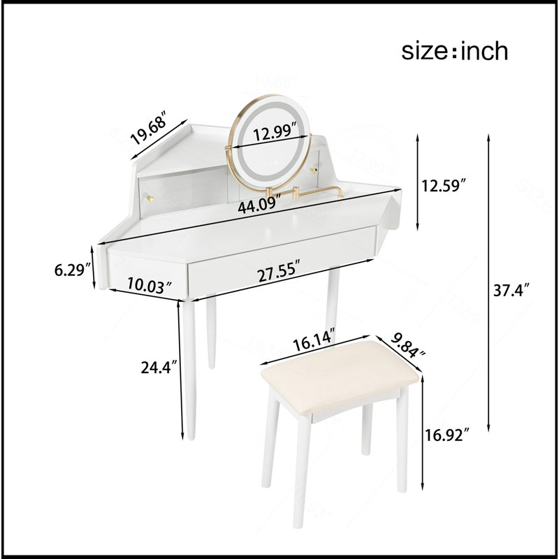 Modern Corner Makeup Vanity Desk With Large Storage, LED Mirror & Stool, Brightness Adjustable, Space-Saving For Small Places, White
