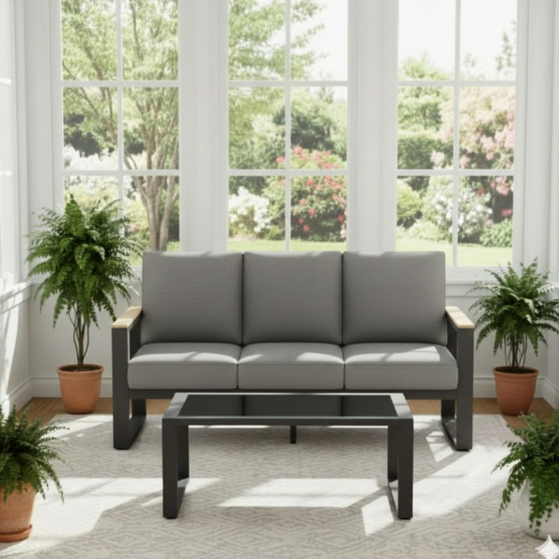 2-Piece 3-Seat Outdoor Sofa Couch Set, 75" All-Weather 3-Seat Aluminum Patio Sofa With Thick Gray Cushions  & 44" Glass Coffee Table