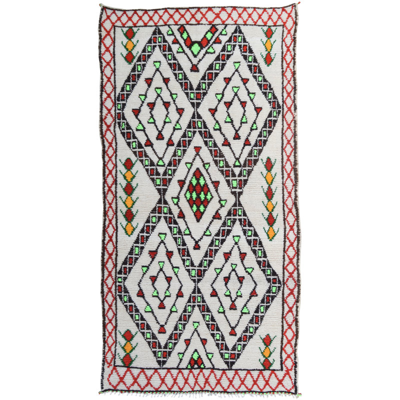 Tapis blanc unique / vert néon / orange / rouge des années 1980 de 5 pi 4 po x 10 pi Ones-of-a-Kind