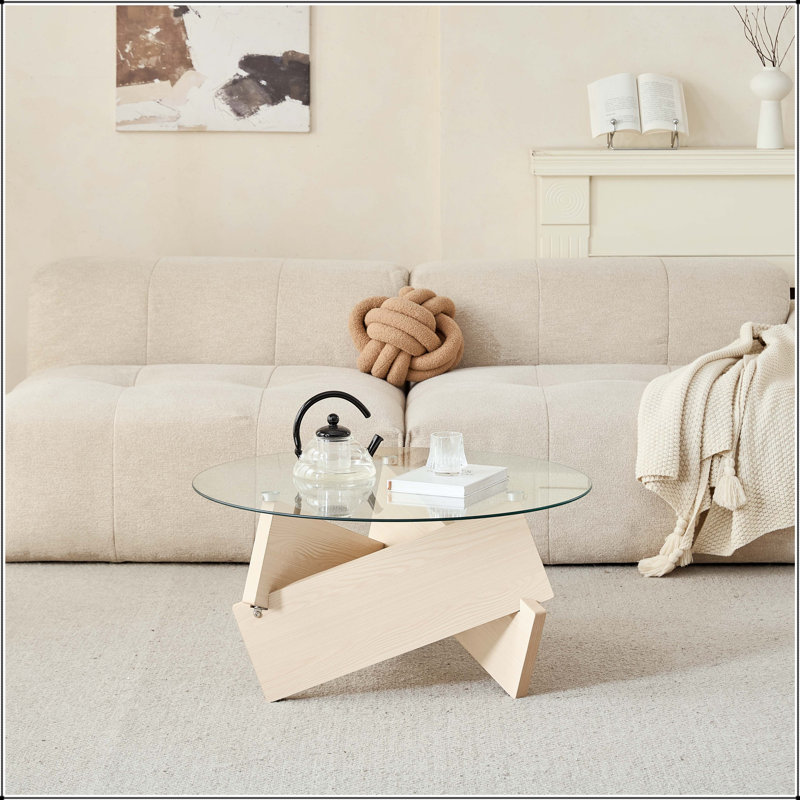 Table basse ronde moderne en verre avec base en bois, 16.15" H x 31.5" W x 31.5" D, Clear / Natural