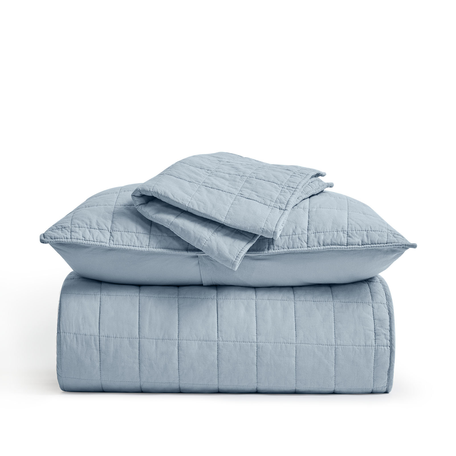 100% Cotton Box Stitch Quilt Set, Queen Quilt + 2 Queen Shams, Blue Linen