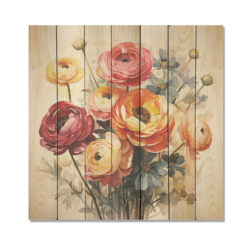 Ranunculus Elegance II coloré - Renoncule sur bois, H 15 po x l 15 po