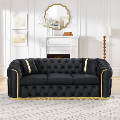 Black Velvet 3 Seater , 90.6 Inches With 2 Pillows, Button Couch Gold Stainless Steel Accents For Living Room Luxury Couch, Style