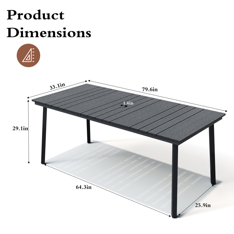 Rectangular Outdoor Dining Table With Umbrella Hole, Black