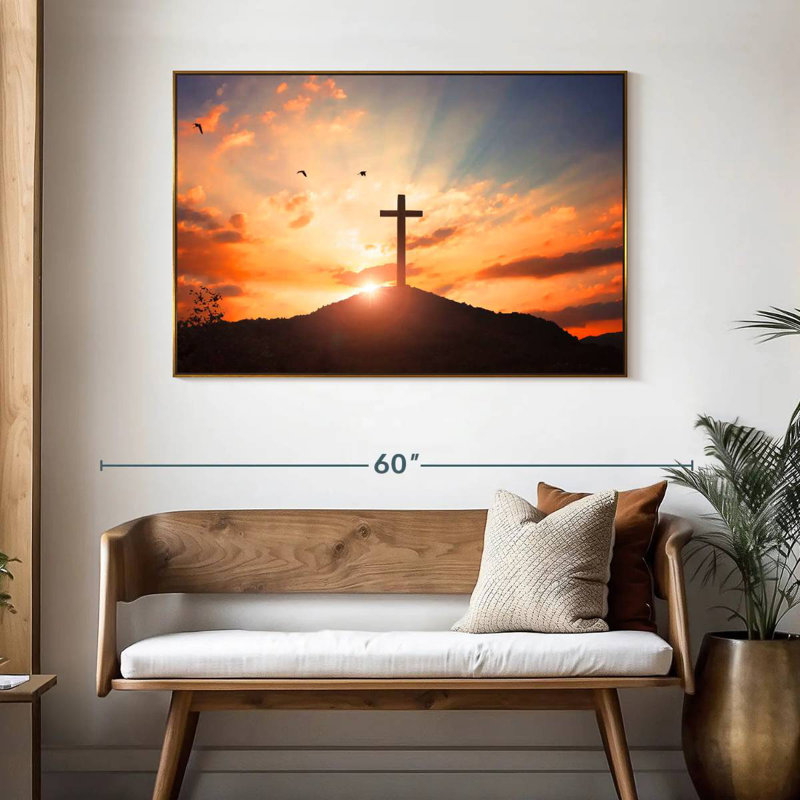 Coucher de soleil en croix, 46 po x 31 po, Cadre flottant doré