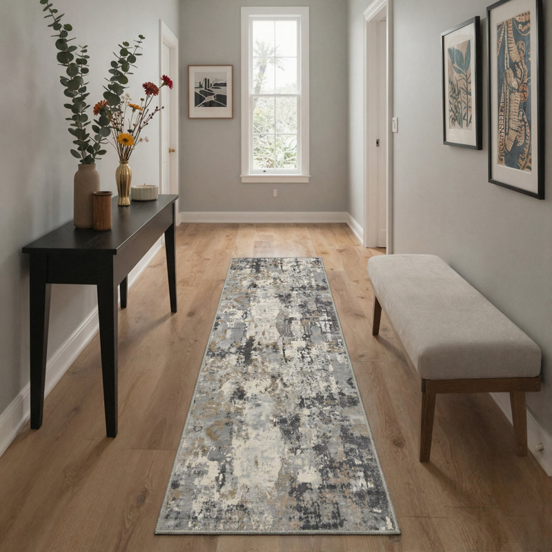Mignone Aura Abstract Machine Washable Grey / Black / Grey Indoor Area Rug with Non-Slip Backing, Runner 2' x 7'